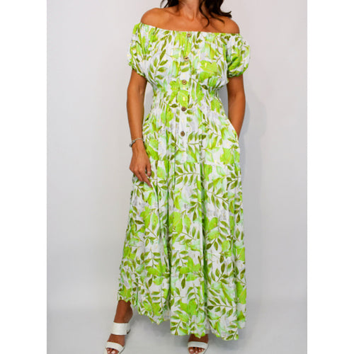 Bardot with Pockets Maxi Dress | Green Leaf Print with Gold Leaf Detail