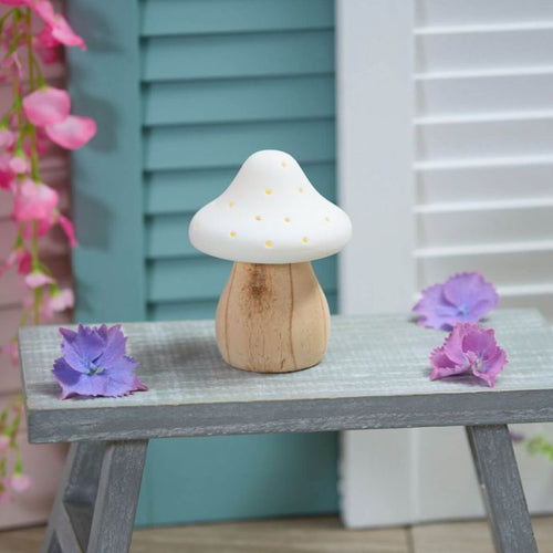 Mushroom Toadstool Flat Porcelain White LED Light with Wood Base (lifestyle)