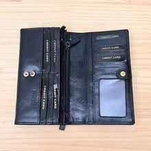 Load image into Gallery viewer, Large Black Flap Over Leather Purse By Branded (open)

