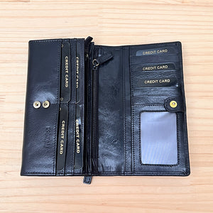 Large Black Flap Over Leather Purse By Branded (open)