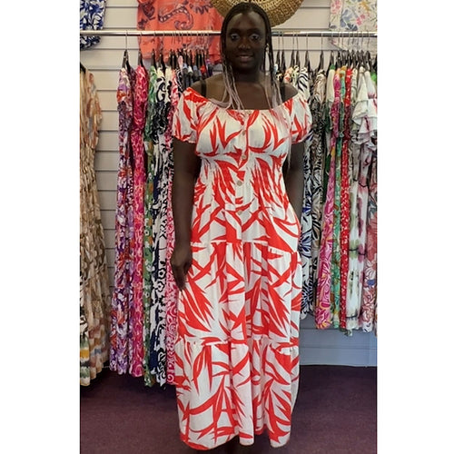 Bardot with Pockets Maxi Dress | Orange & White Print