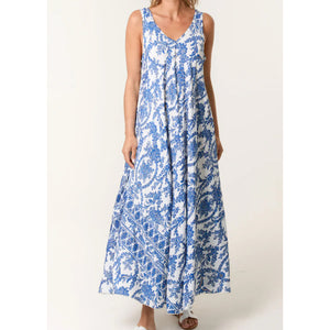 Blue Floral Paisley V-Neck Maxi Dress (front)