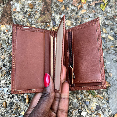Small Marron Italian Leather Card & Coin Holder| 4 Card Slots (open)