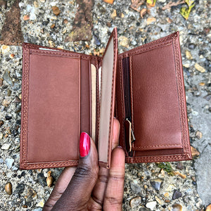 Small Marron Italian Leather Card & Coin Holder| 4 Card Slots (open)
