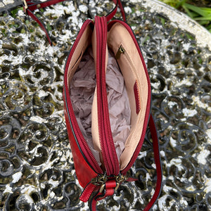 Red Double Zip "Valentina" Italian Leather Crossbody Bag (open)