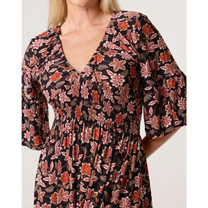 Autumnal Leaf Print V-Neck Shirred Maxi Dress (closeup)