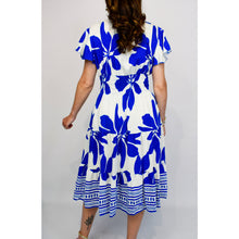 Load image into Gallery viewer, Angel Sleeve V-Neck Midi Dress with Pockets | Blue Bold Leaf Print (back)
