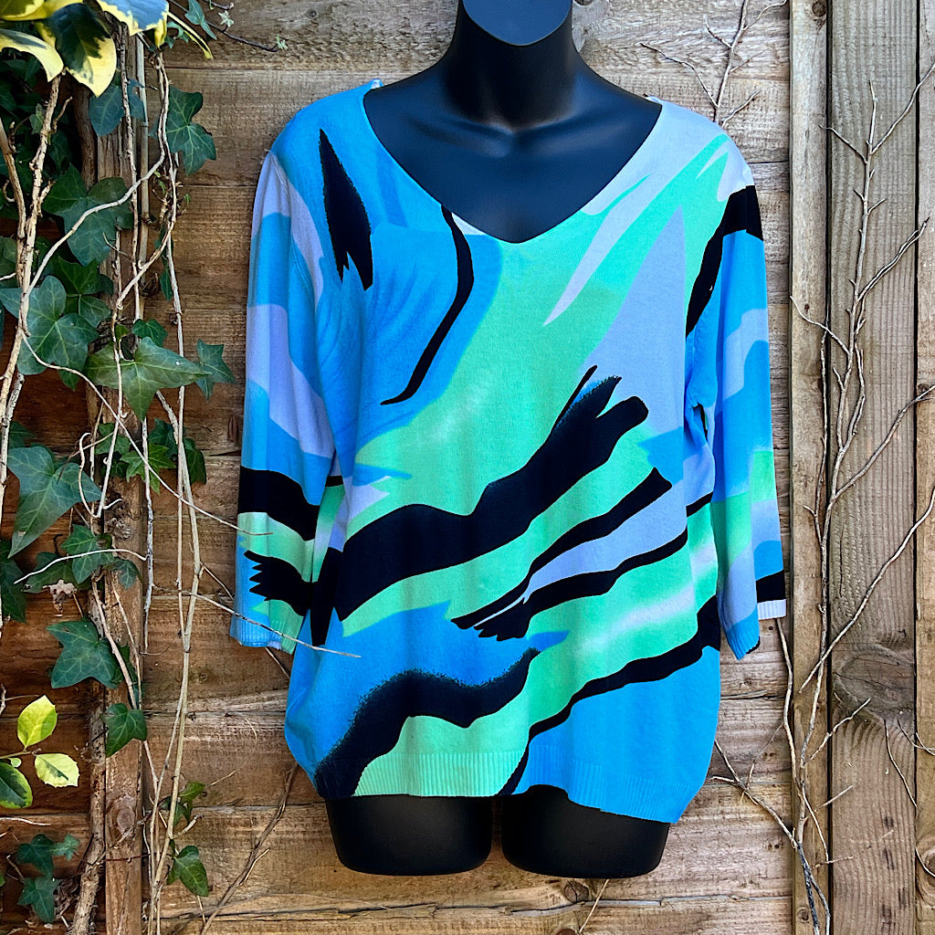 Blue, Green & Black Wave Abstract Art Print Knitted V-Neck Top