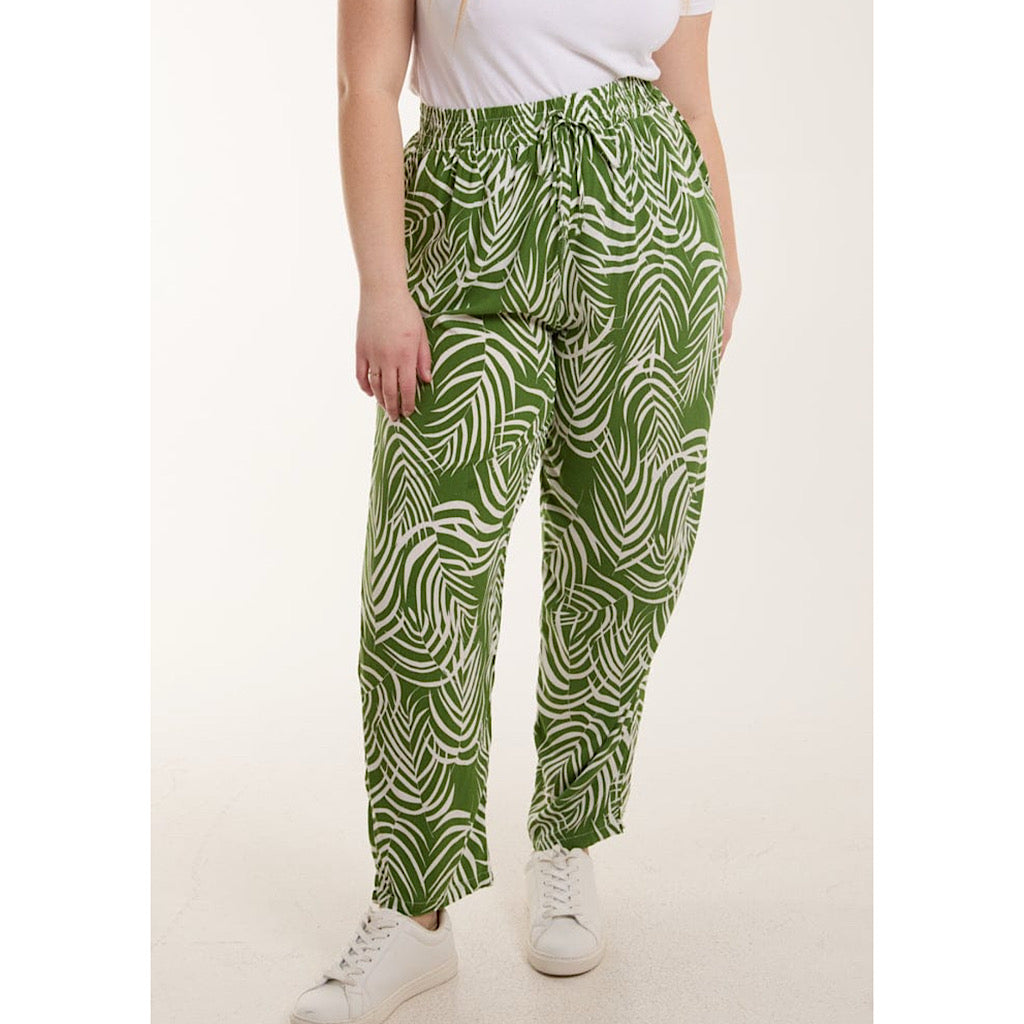 Green & White Contrast Leaf Elasticated Trousers