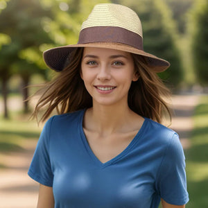 Natural & Chocolate Open Back Bow Foldable Hat (on model)