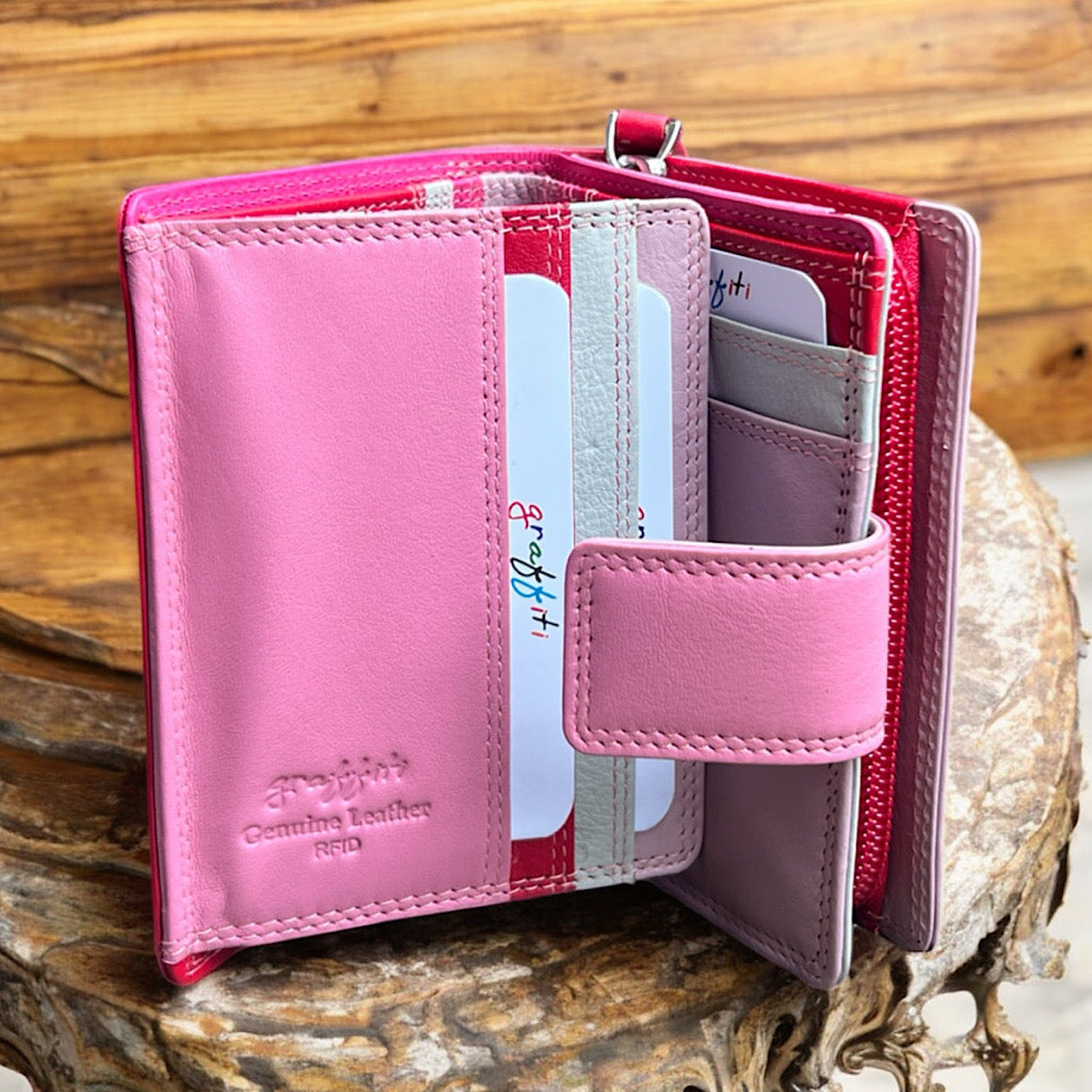 Bestseller Medium Leather RFID Purse | Candy (open)