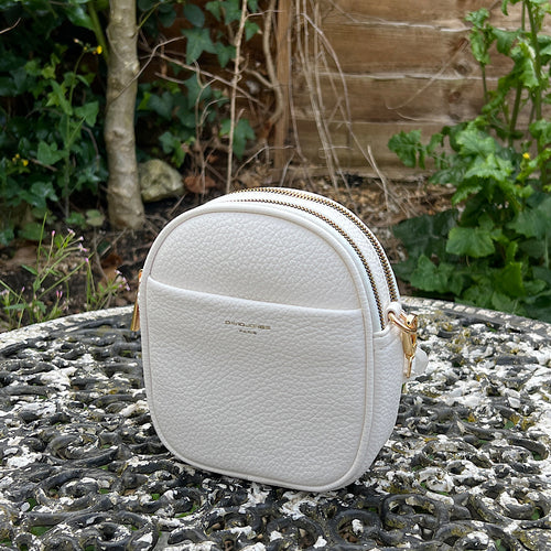 White Twin Zip Top Crossbody Bag By David Jones (front)
