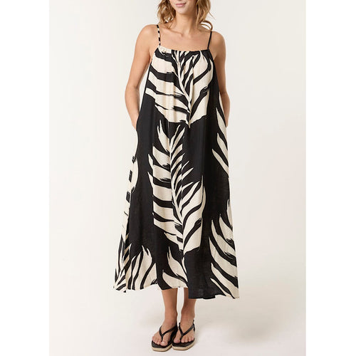 Black & Cream Bold Palm Leaf Print Summer Dress