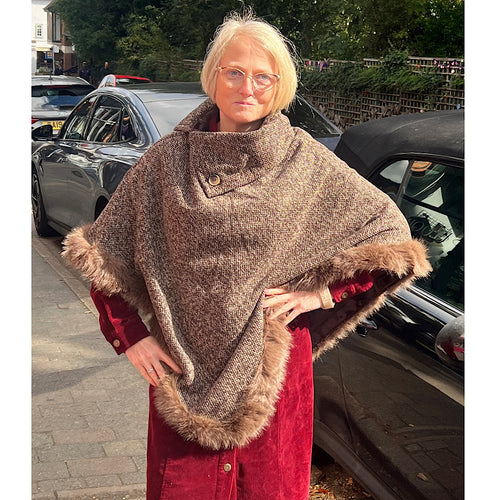 Brown Autumn Luxe Faux Fur Trim Poncho