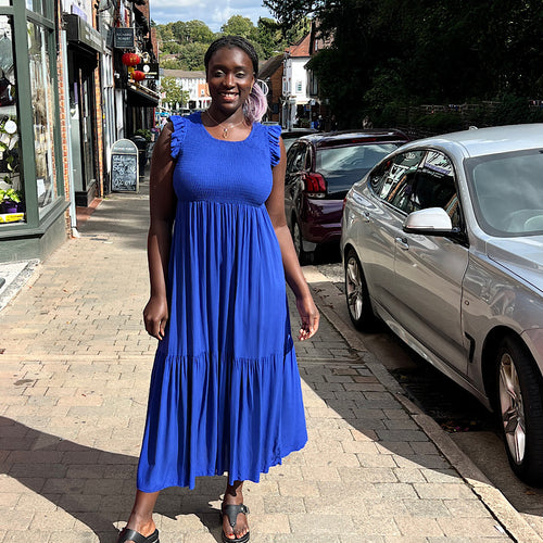Royal Blue Shirred Body Midi Dress