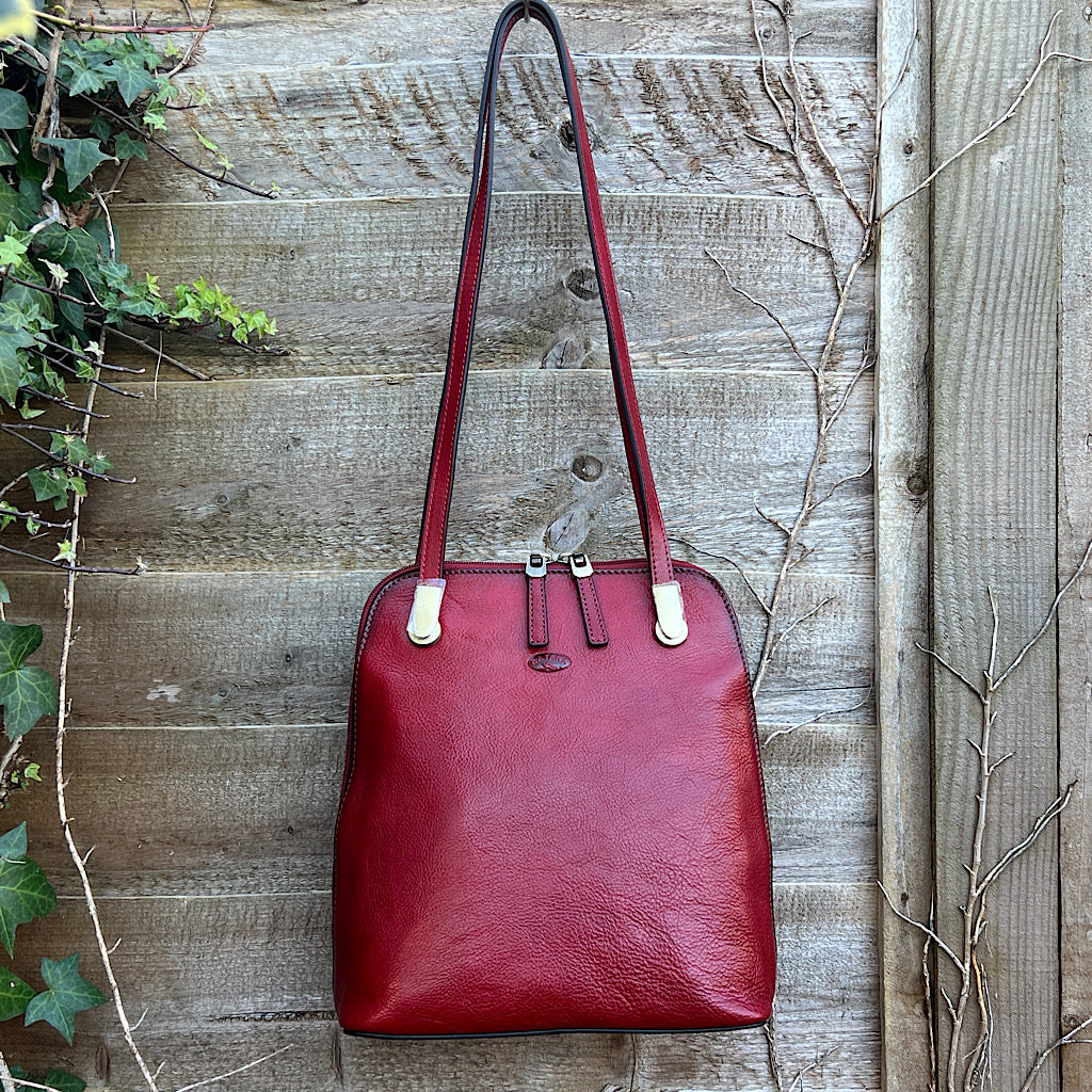 Red 2-in-One 'Caterina' Italian Leather Shoulder Bag & Backpack (front)