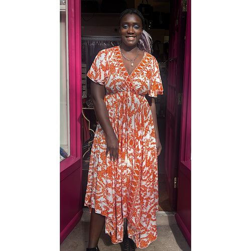 Frill Sleeve Orange Floral Paisley Parachute Hem Dress
