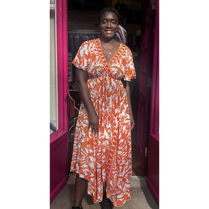 Frill Sleeve Orange Floral Paisley Parachute Hem Dress