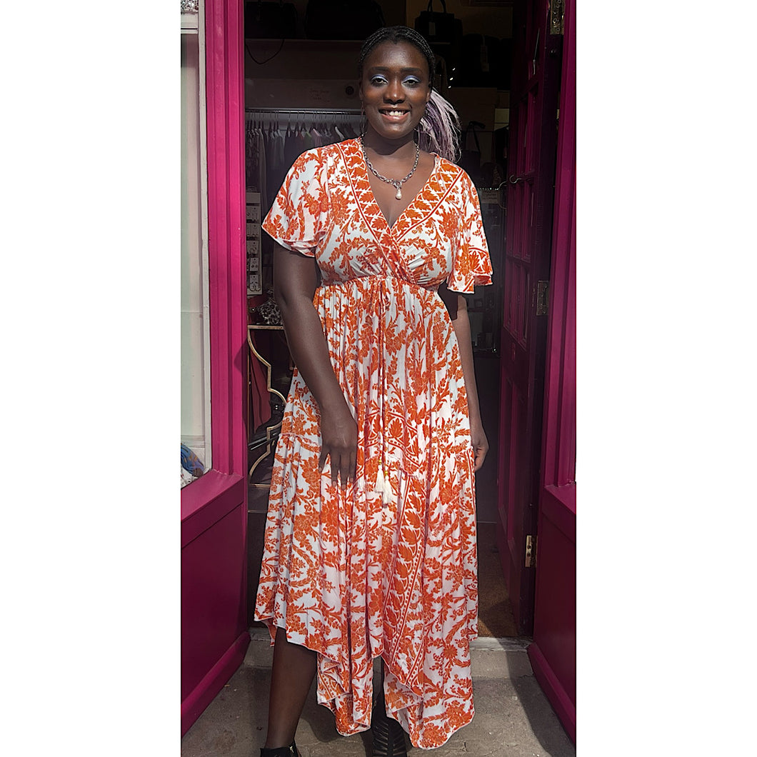 Frill Sleeve Orange Floral Paisley Parachute Hem Dress