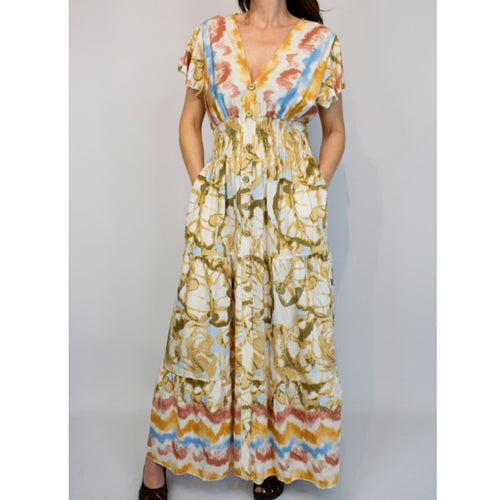 Angel Sleeve V-Neck Maxi Dress with Pockets | Pastel Aztec Tie Dye