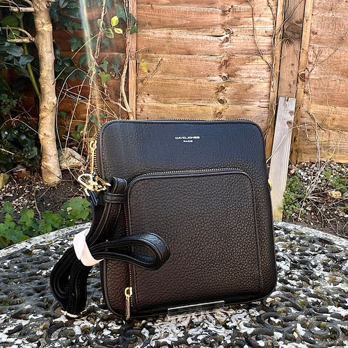 Flat Black Crossbody Bag with Credit Card Slots in Front Pocket