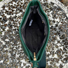 Load image into Gallery viewer, Dark Green Front Zip Pocket Messenger Style Bag (open)
