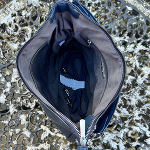 Navy Large Soft Front Zip Pocket 'Sari' Shoulder Bag (open)