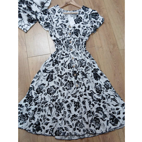 Angel Sleeve V-Neck Midi Dress with Pockets | Black & White Leaf & Floral Print