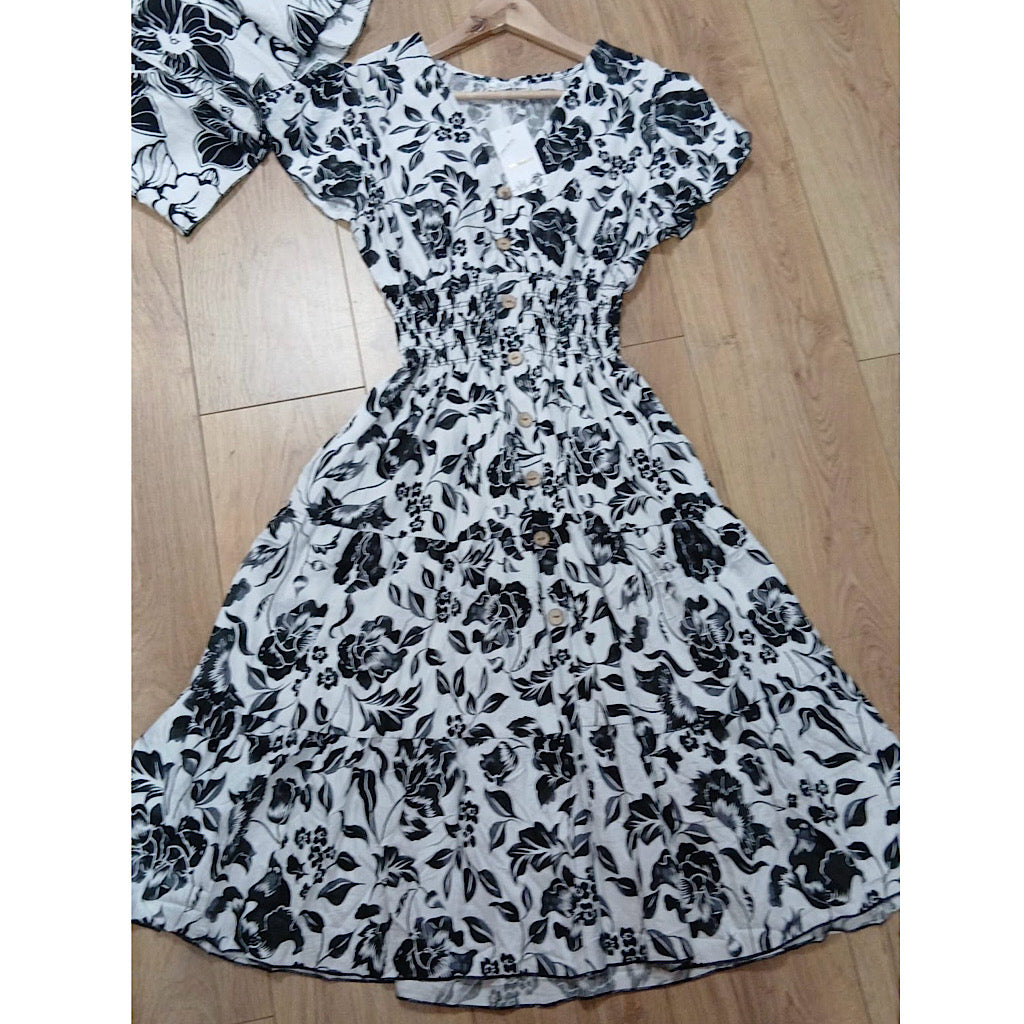 Angel Sleeve V-Neck Midi Dress with Pockets | Black & White Leaf & Floral Print