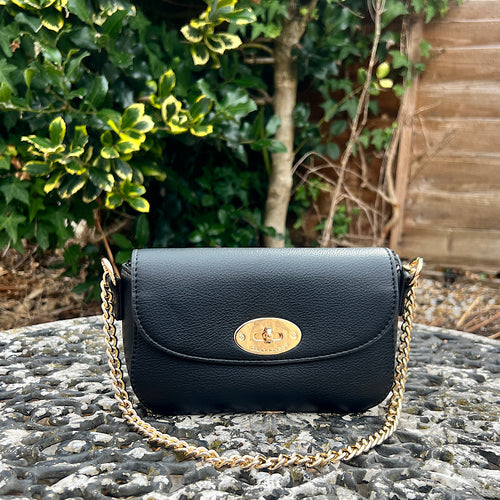 Black Chain Handle Flap Over Handbag