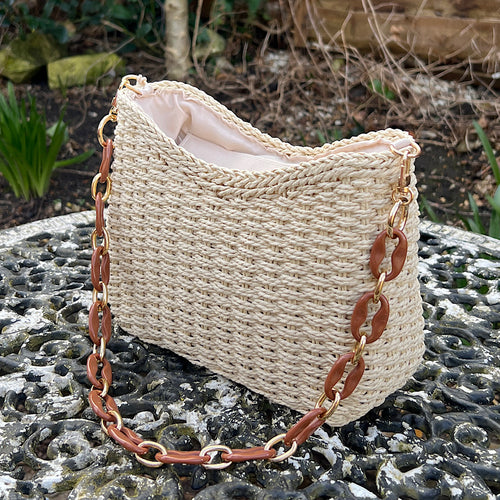 Beige Summer Straw Chain Strap Shoulder Bag (Side)