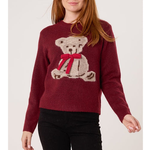 Burgundy Bow Teddy Bear Soft Knit Jumper