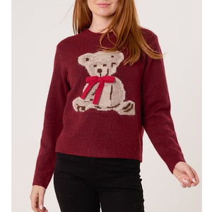 Burgundy Bow Teddy Bear Soft Knit Jumper