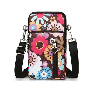 Brown Multi Flower Heart Zip Puller Splash Proof Essential Phone Bag