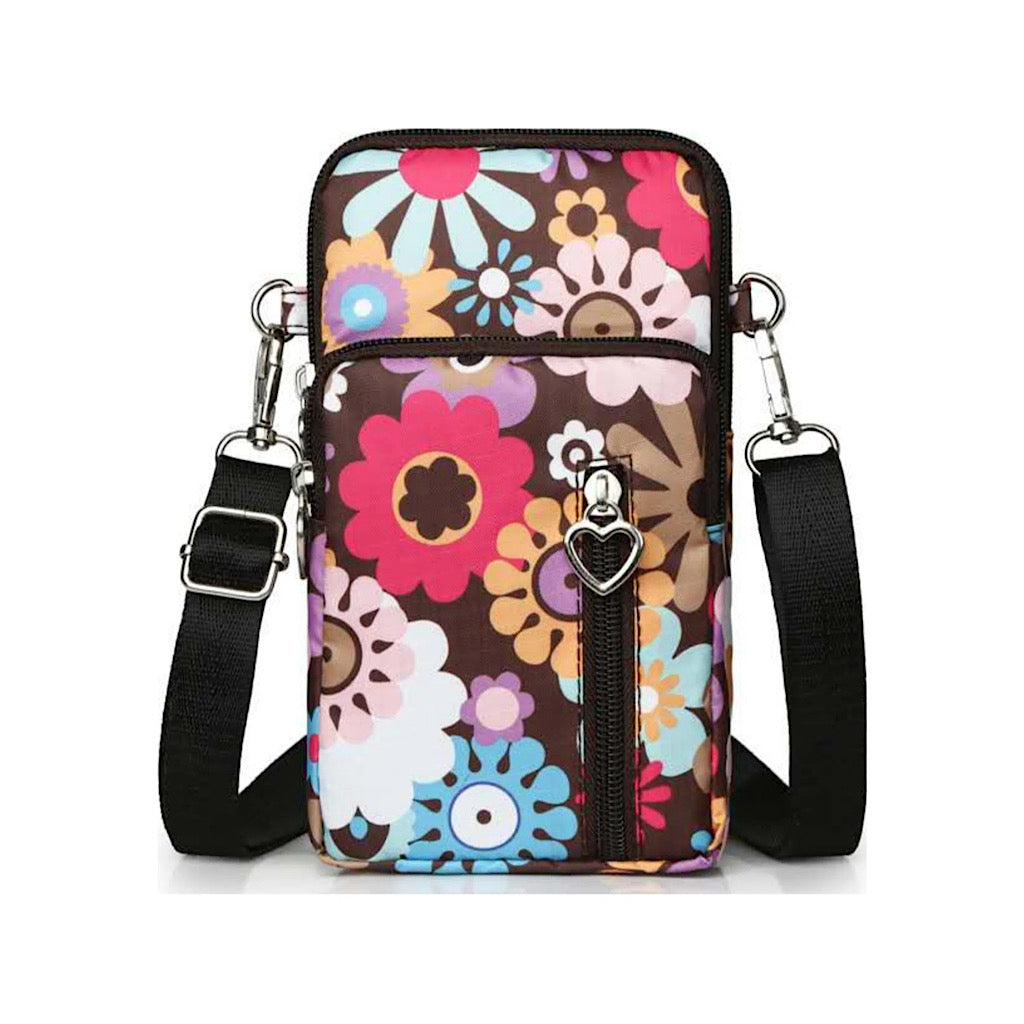 Brown Multi Flower Heart Zip Puller Splash Proof Essential Phone Bag