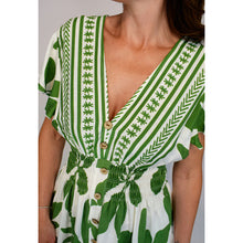 Load image into Gallery viewer, Angel Sleeve V-Neck Midi Dress with Pockets | Green Bold Leaf Print (close up)
