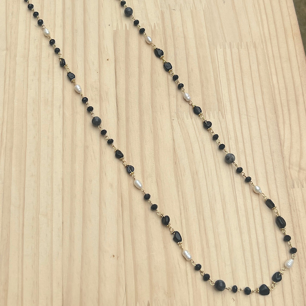 Black Semi-Precious Stone & Beaded Long Necklace
