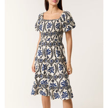 Load image into Gallery viewer, Blue Shirred Bodice Puff Sleeve Midi Dress
