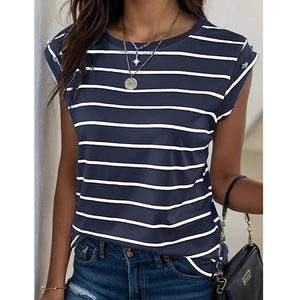 Navy & White Striped Crew Neck Short Sleeve Top