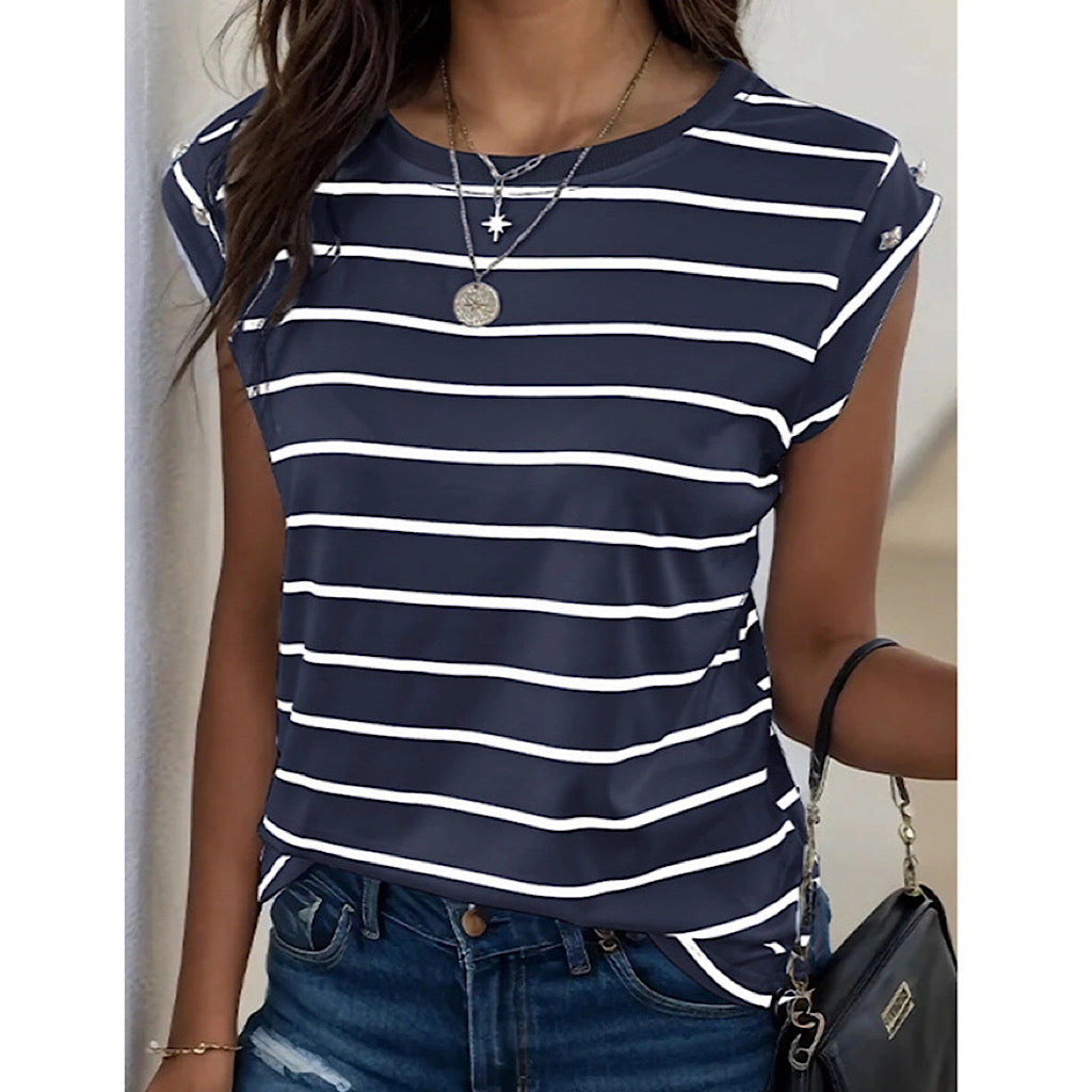 Navy & White Striped Crew Neck Short Sleeve Top