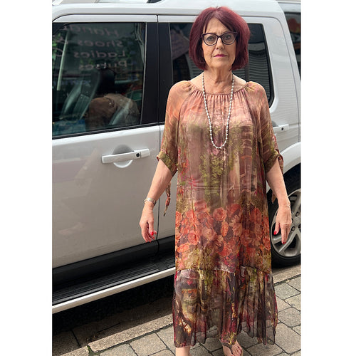 Pretty & Elegant Warm Autumnal Tones Delicate Silk Floral Maxi Dress
