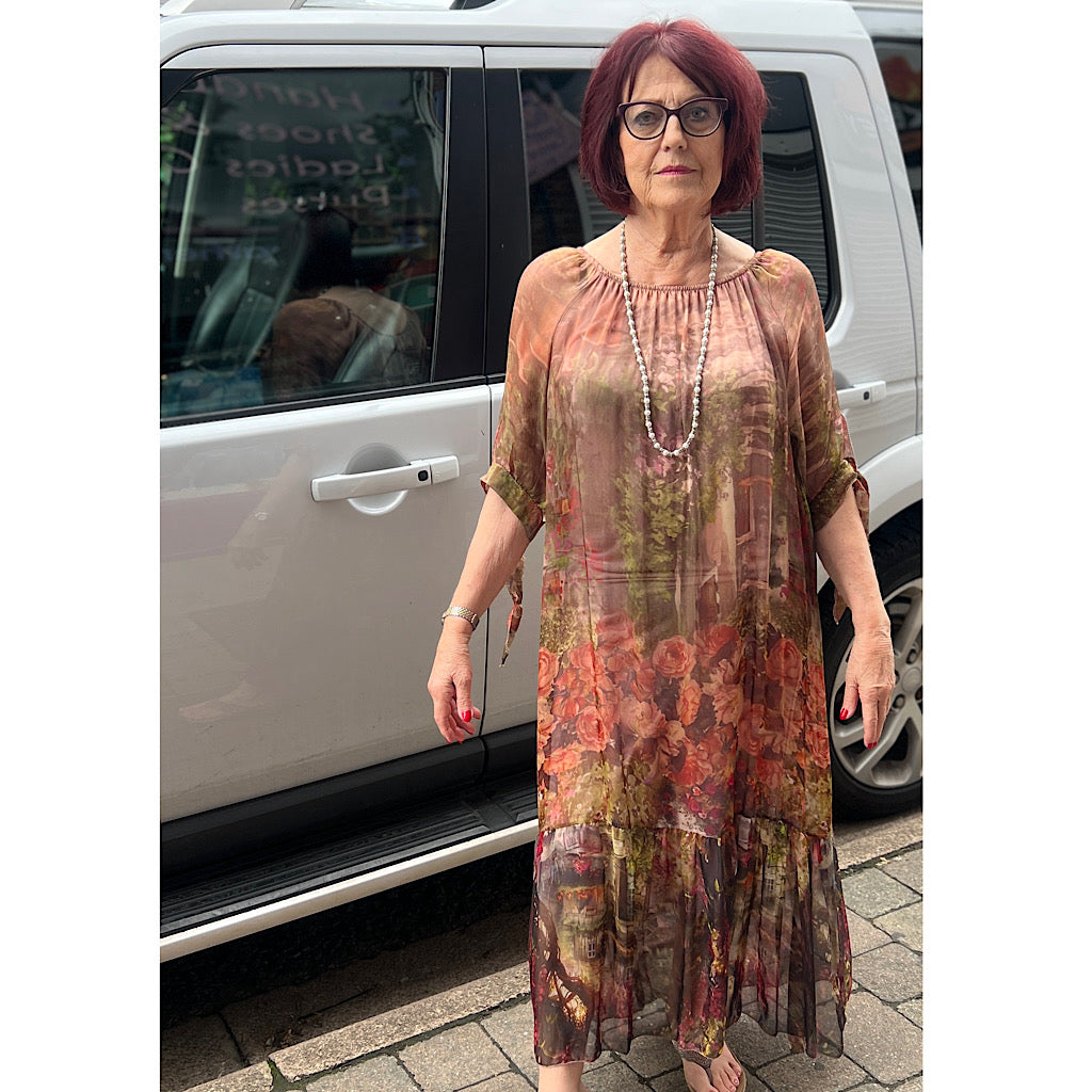 Pretty & Elegant Warm Autumnal Tones Delicate Silk Floral Maxi Dress