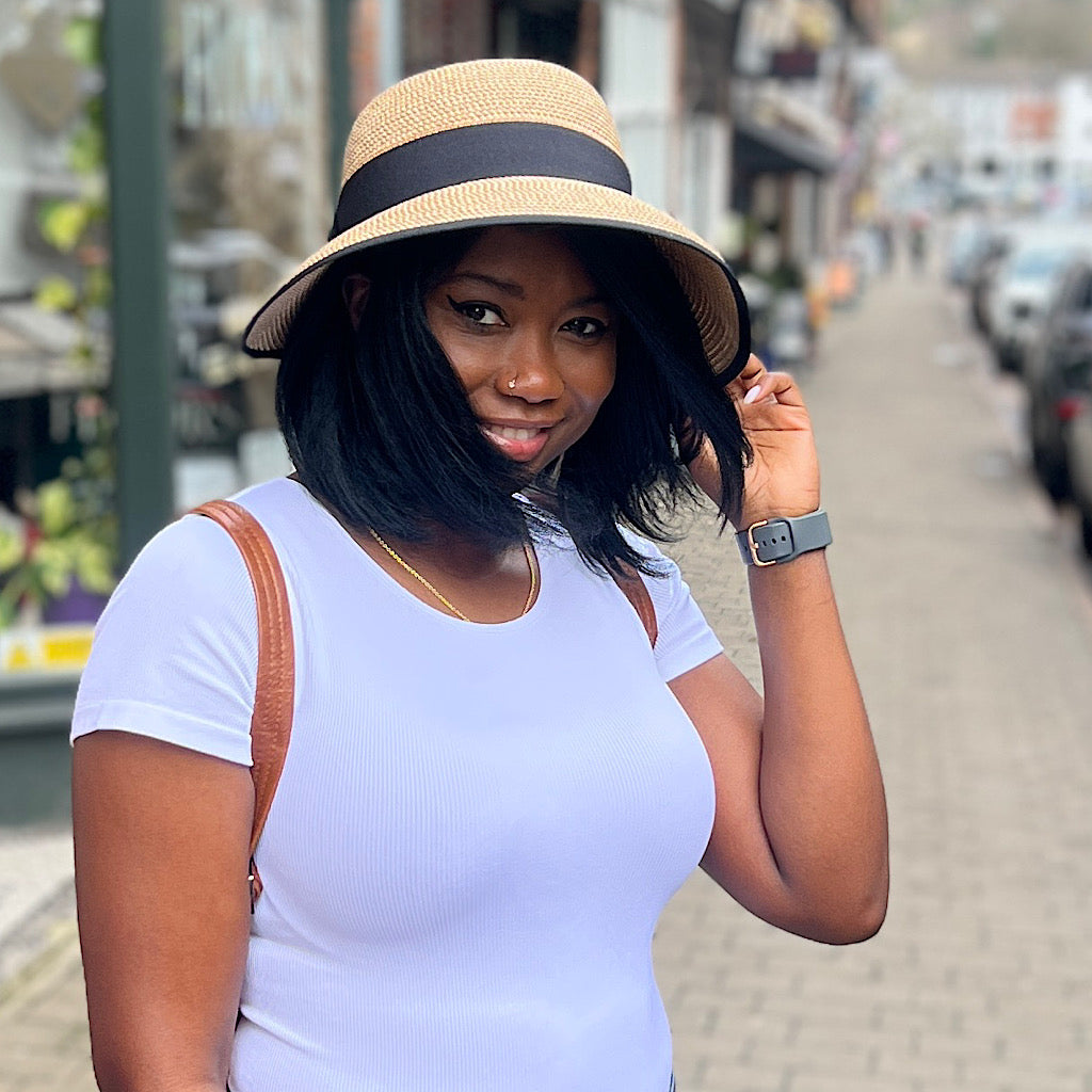 Dark Natural Open Back Bow Foldable Hat (model front)