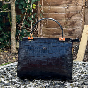 Black "Aria" Italian Leather Croc Grab Bag (front)