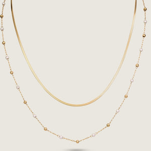 Delicate Gold Double Strand Stainless Steel Necklace with Faux Pearl (close up)