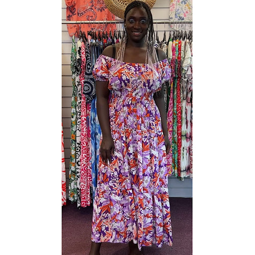 Bardot with Pockets Maxi Dress with Pockets | Purple & Orange Floral Print