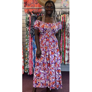 Bardot with Pockets Maxi Dress with Pockets | Purple & Orange Floral Print