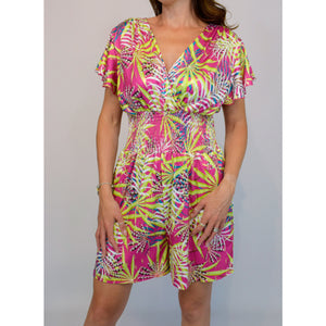 Pink Tropical Leaf Playsuit with Pockets