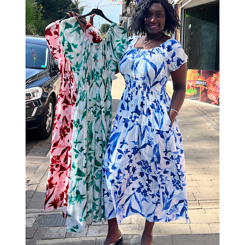 Bardot with Pockets Maxi Dress | Leaf & Flower Print