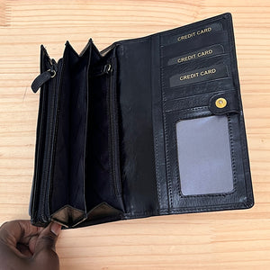 Large Black Flap Over Leather Purse By Branded (notes)